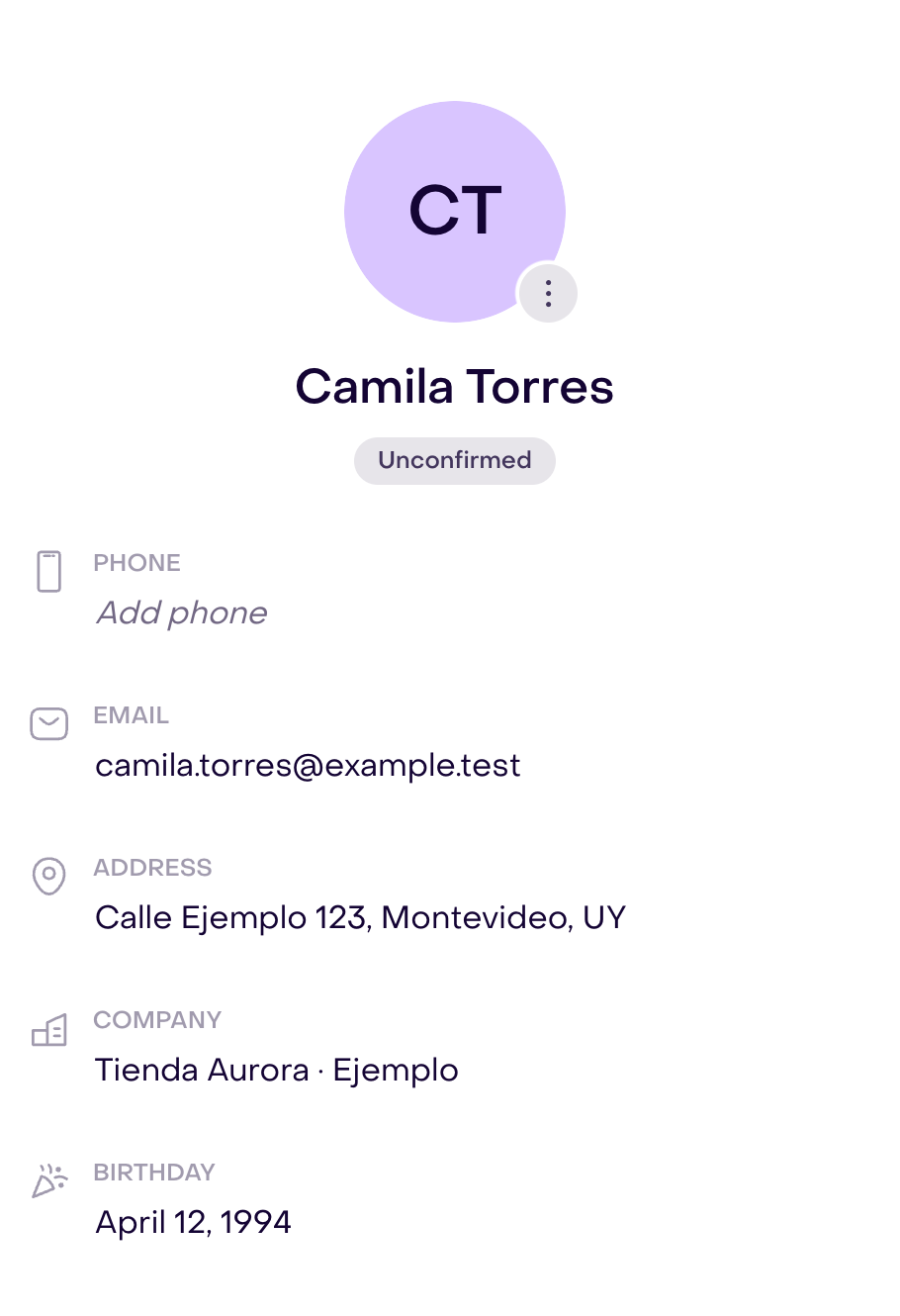 Fields and Unconfirmed state of a fictional profile