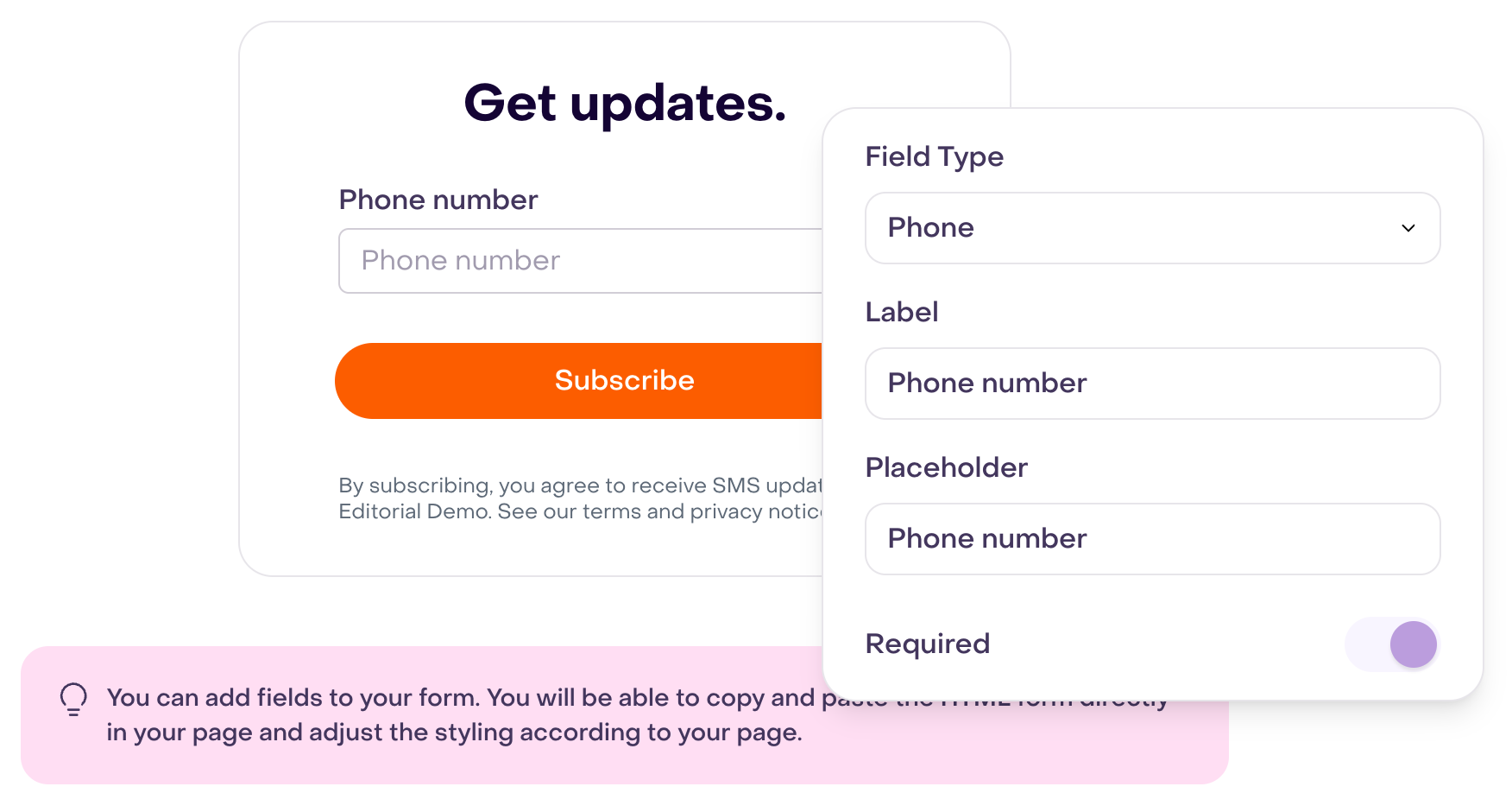 Fictional Phone field settings with type, label, placeholder and Required control.