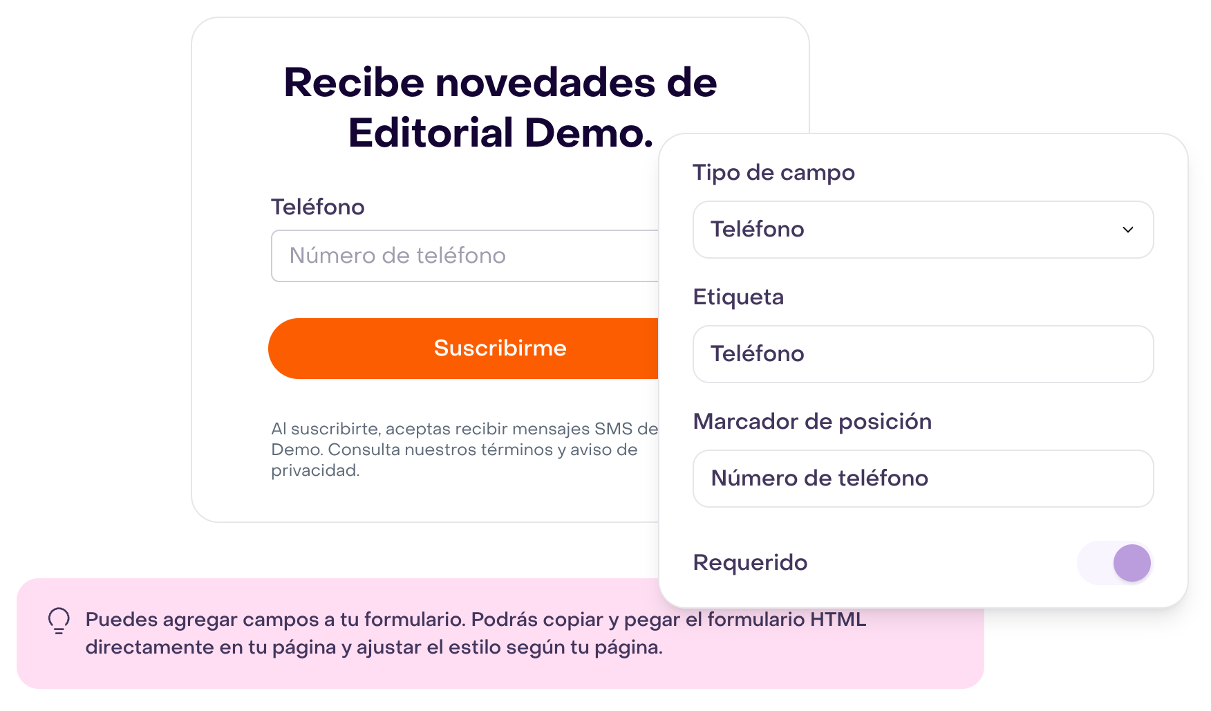 Panel de un campo Teléfono ficticio con tipo, etiqueta, marcador de posición y control Requerido.