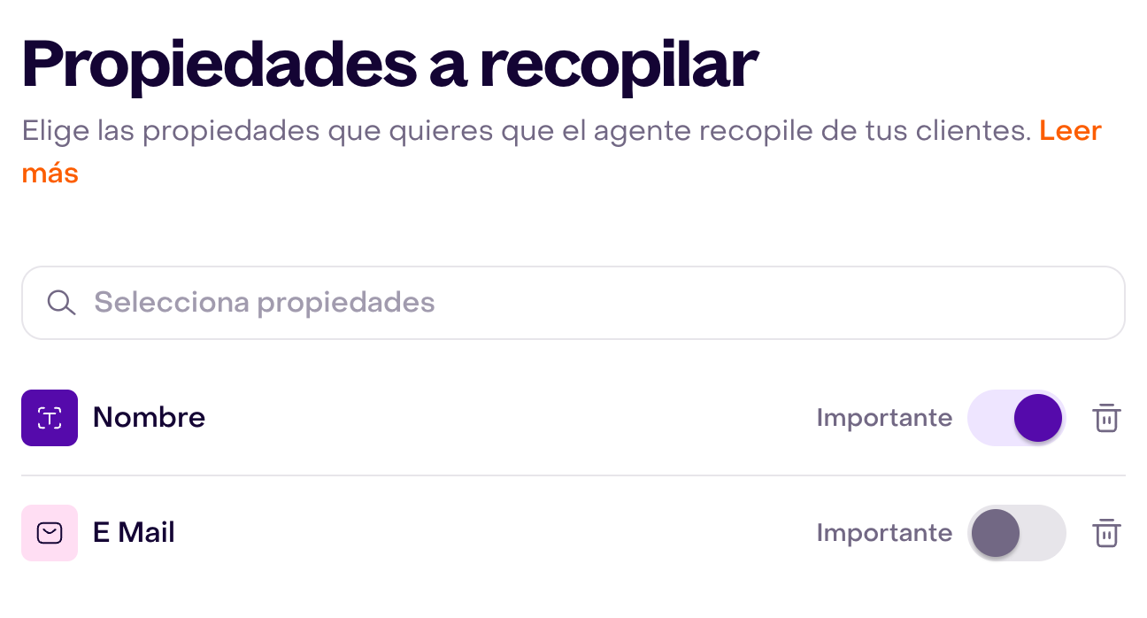 Editor ficticio con Nombre importante y E Mail opcional en la lista de propiedades a recopilar.