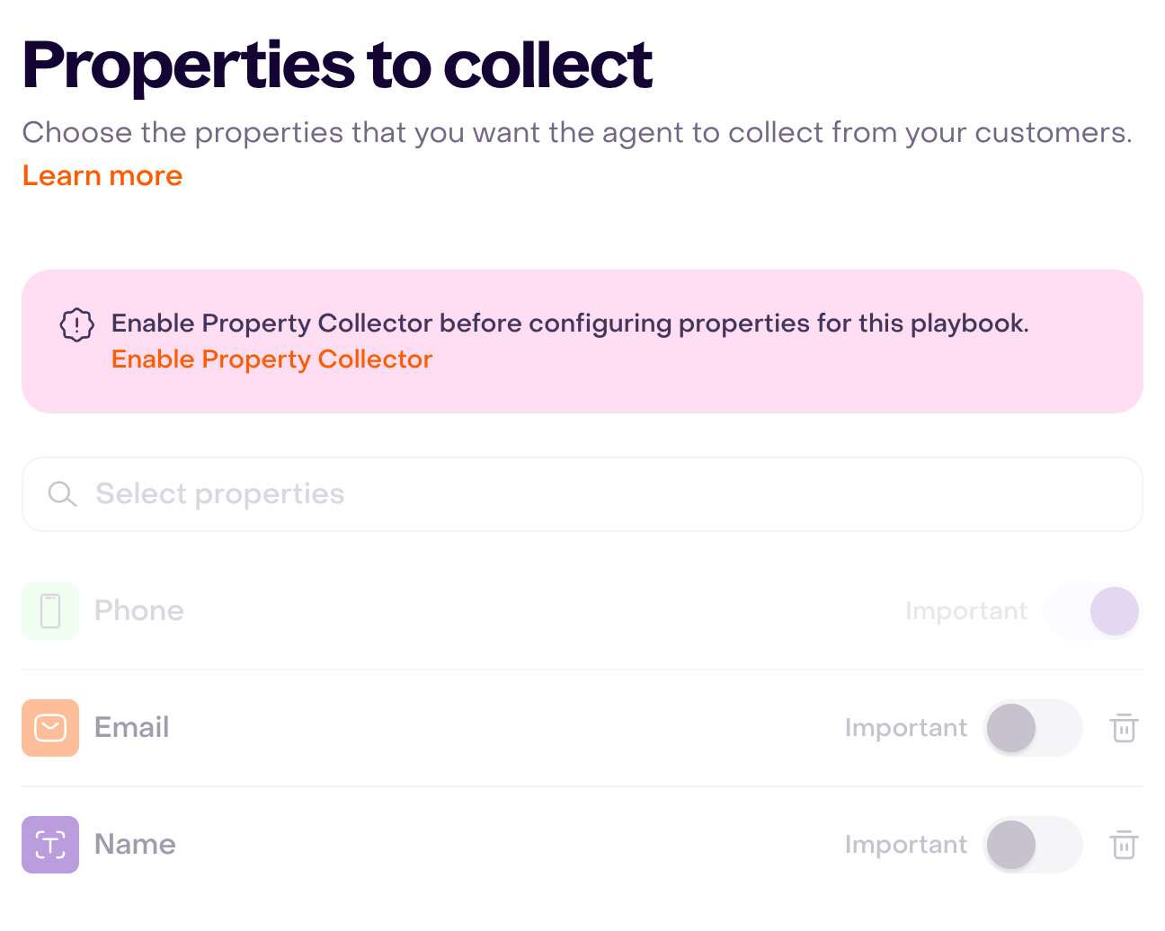 Subscriber Booster displays a warning to enable Property Collector before configuring the data it will collect.