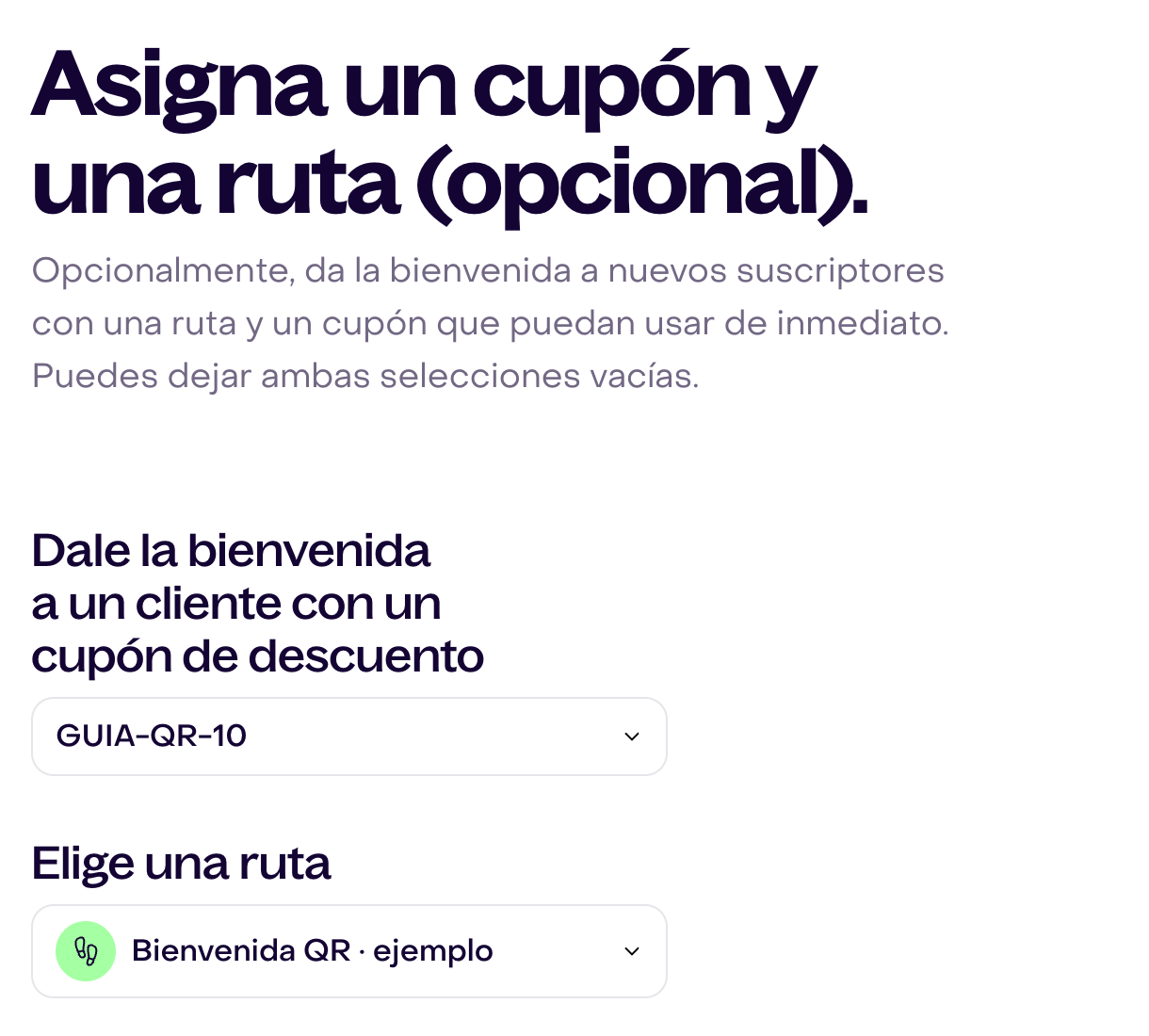 Paso Asigna un cupón y una ruta: cupón GUIA-QR-10 y ruta ficticia Bienvenida QR seleccionados.