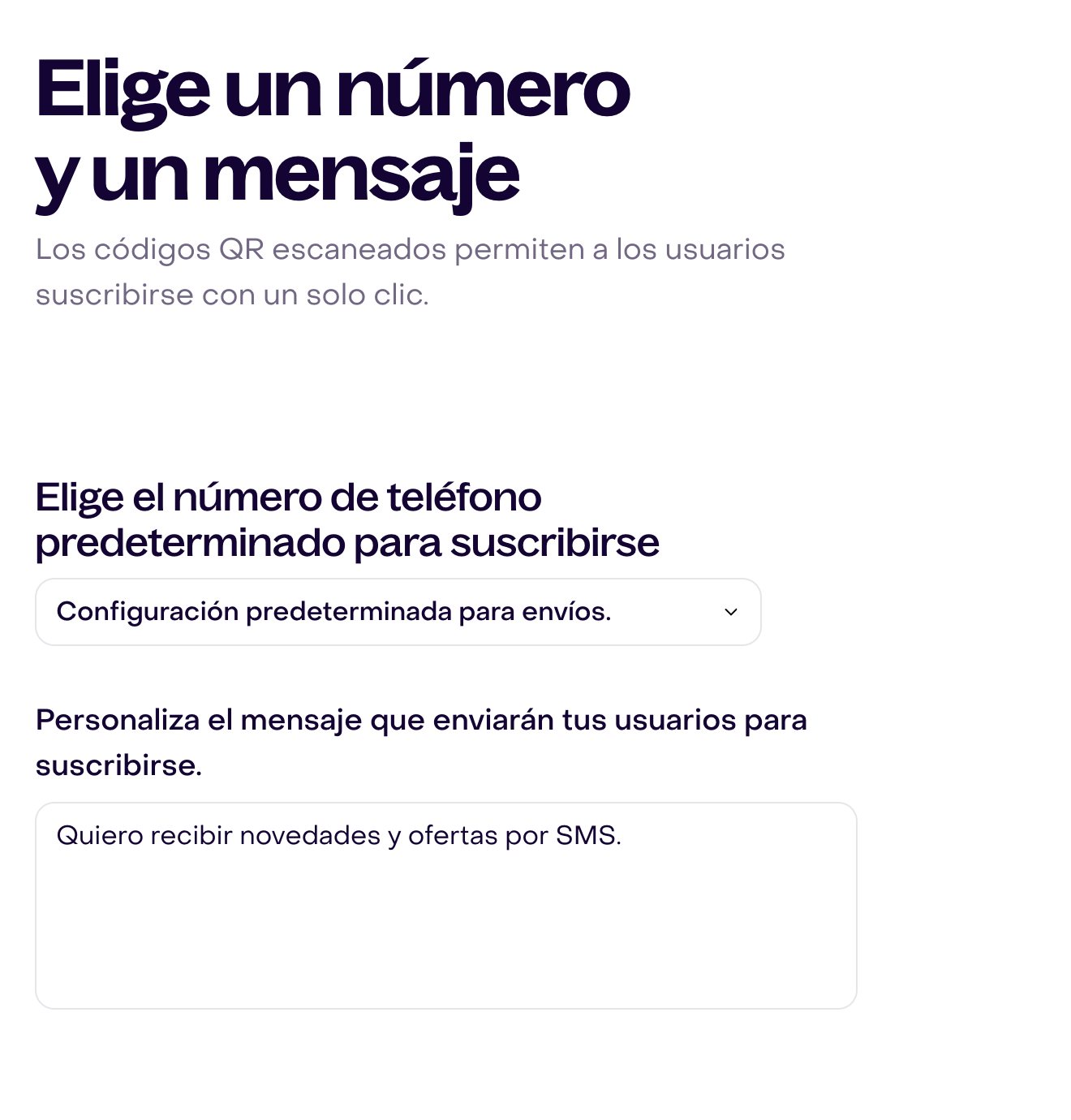 Número predeterminado y texto de suscripción ficticio en el editor de código QR.