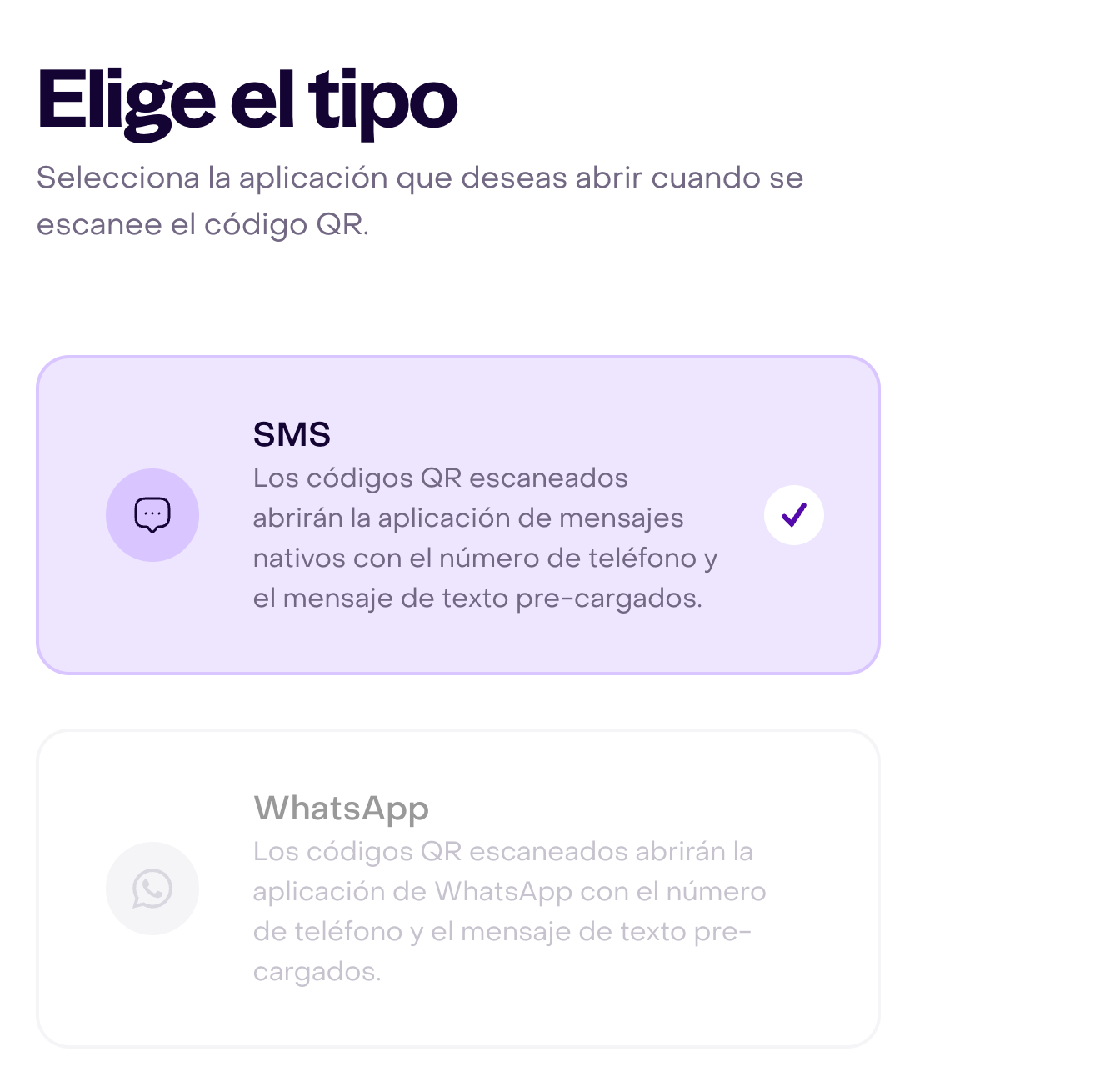 Elige el tipo de código QR: SMS seleccionado y WhatsApp deshabilitado en el negocio ficticio.