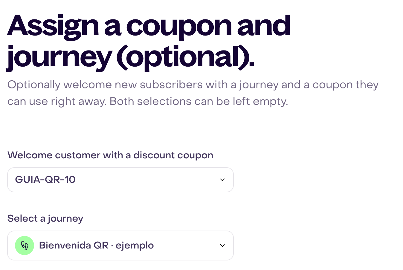 Fictional GUIA-QR-10 coupon and optional welcome journey selected in a demo Shareable Link.