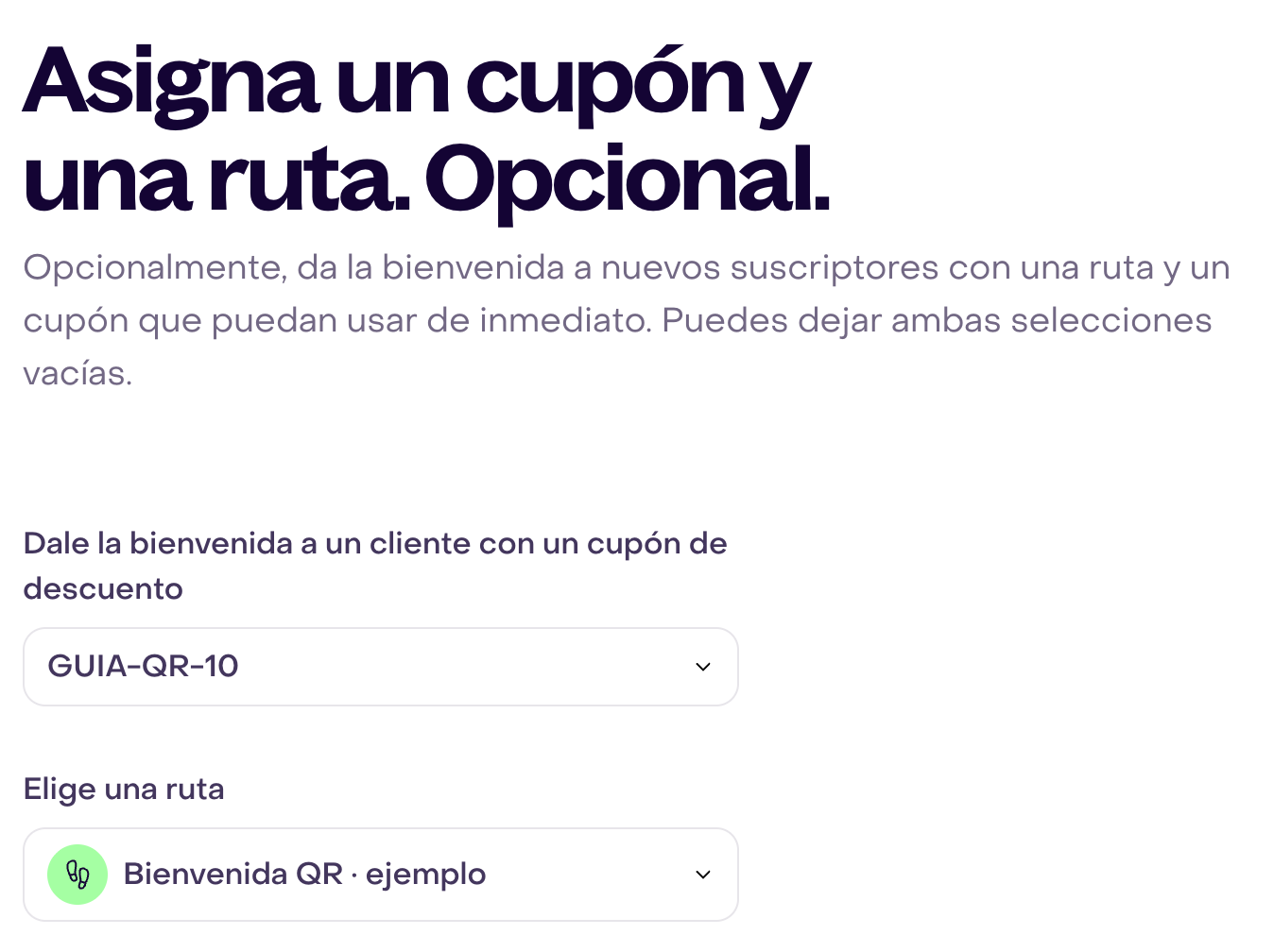Cupón ficticio GUIA-QR-10 y ruta de bienvenida opcional seleccionados en un Link Compartible de demostración.