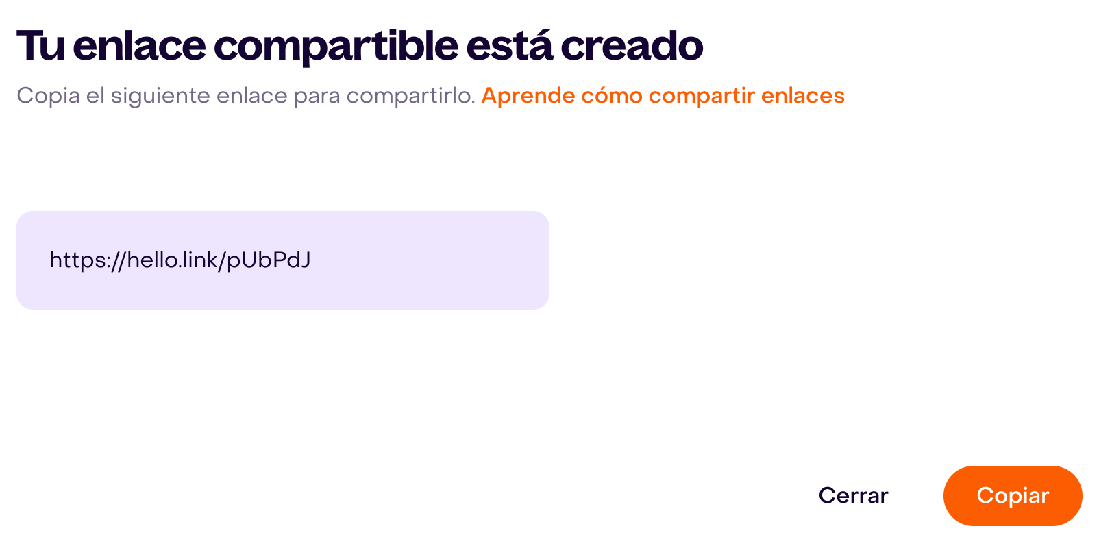 Enlace ficticio generado en la cuenta aislada y botón Copiar de la pantalla final.