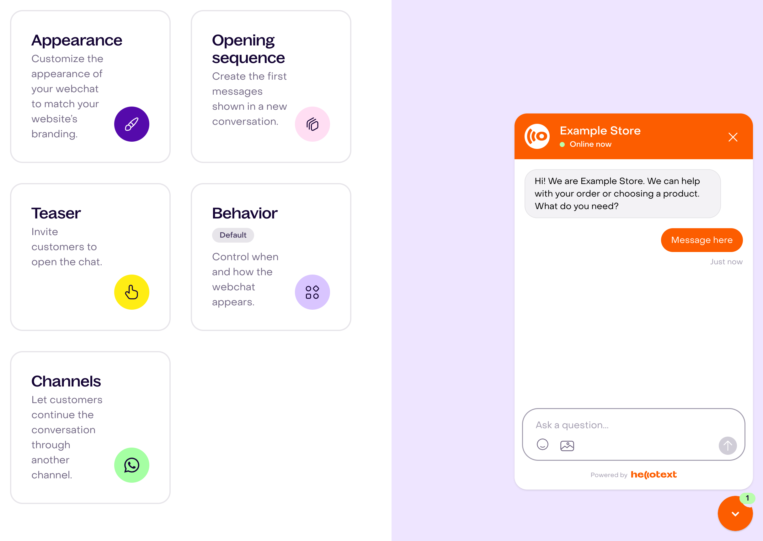Appearance, Opening sequence, Teaser, Behavior, and Channels cards; in the wide view, with the Webchat preview on the right.