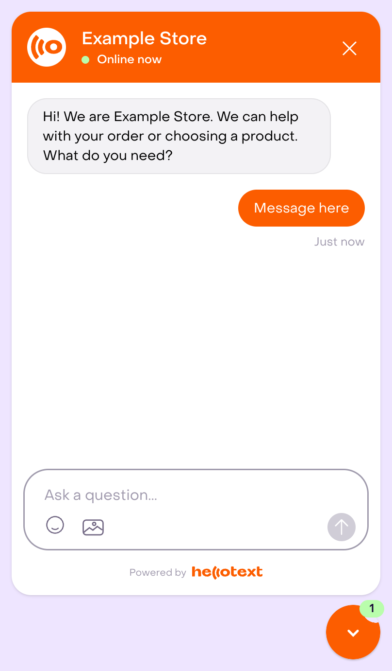 Complete Example Store Webchat preview, with greeting, message field, and launcher.