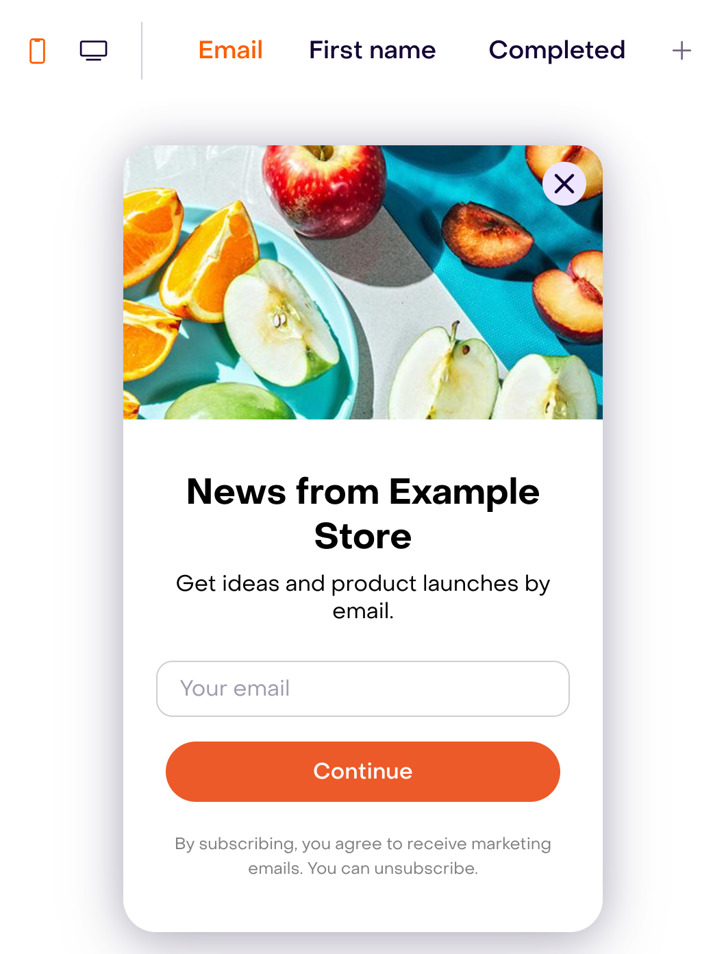 Steps and device selectors beside the fictional popup; smaller screens show the focused first-step preview with a header photograph.