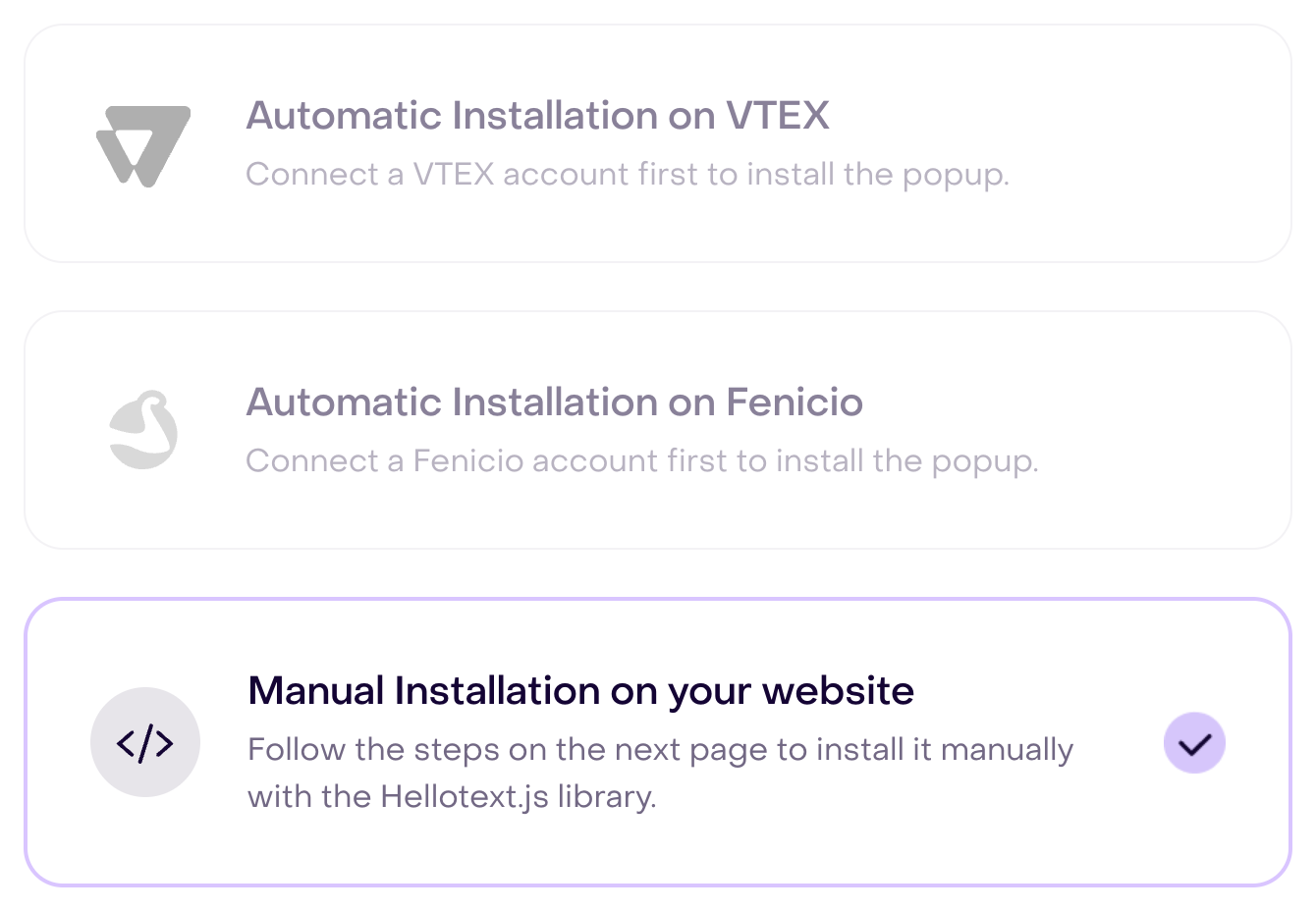 Popup installation methods; VTEX and Fenicio disabled and manual installation available.