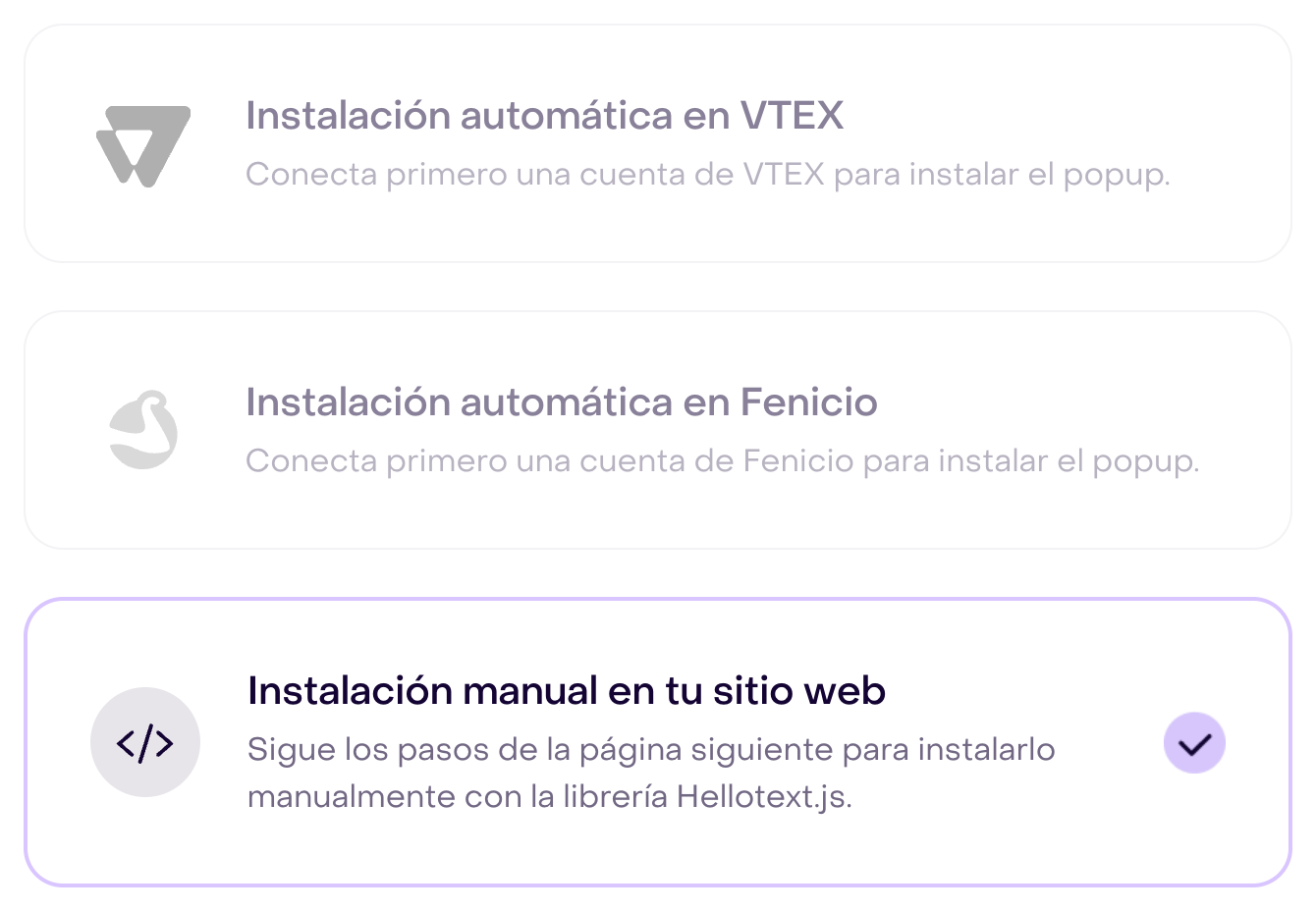 Métodos de instalación del popup; VTEX y Fenicio deshabilitados y opción manual disponible.