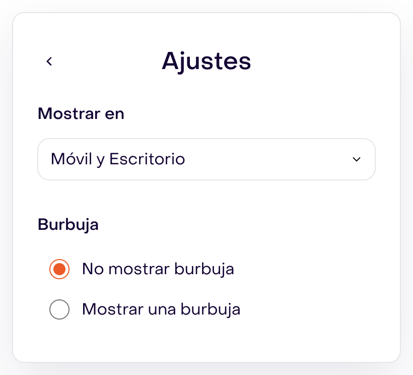 Ajustes de un popup ficticio: Móvil y Escritorio, No mostrar burbuja seleccionado.