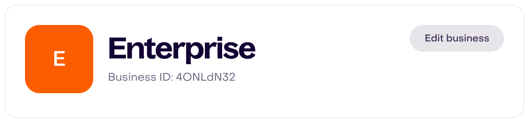 Actual General header for fictional business Enterprise, public ID 4ONLdN32, and Edit business.