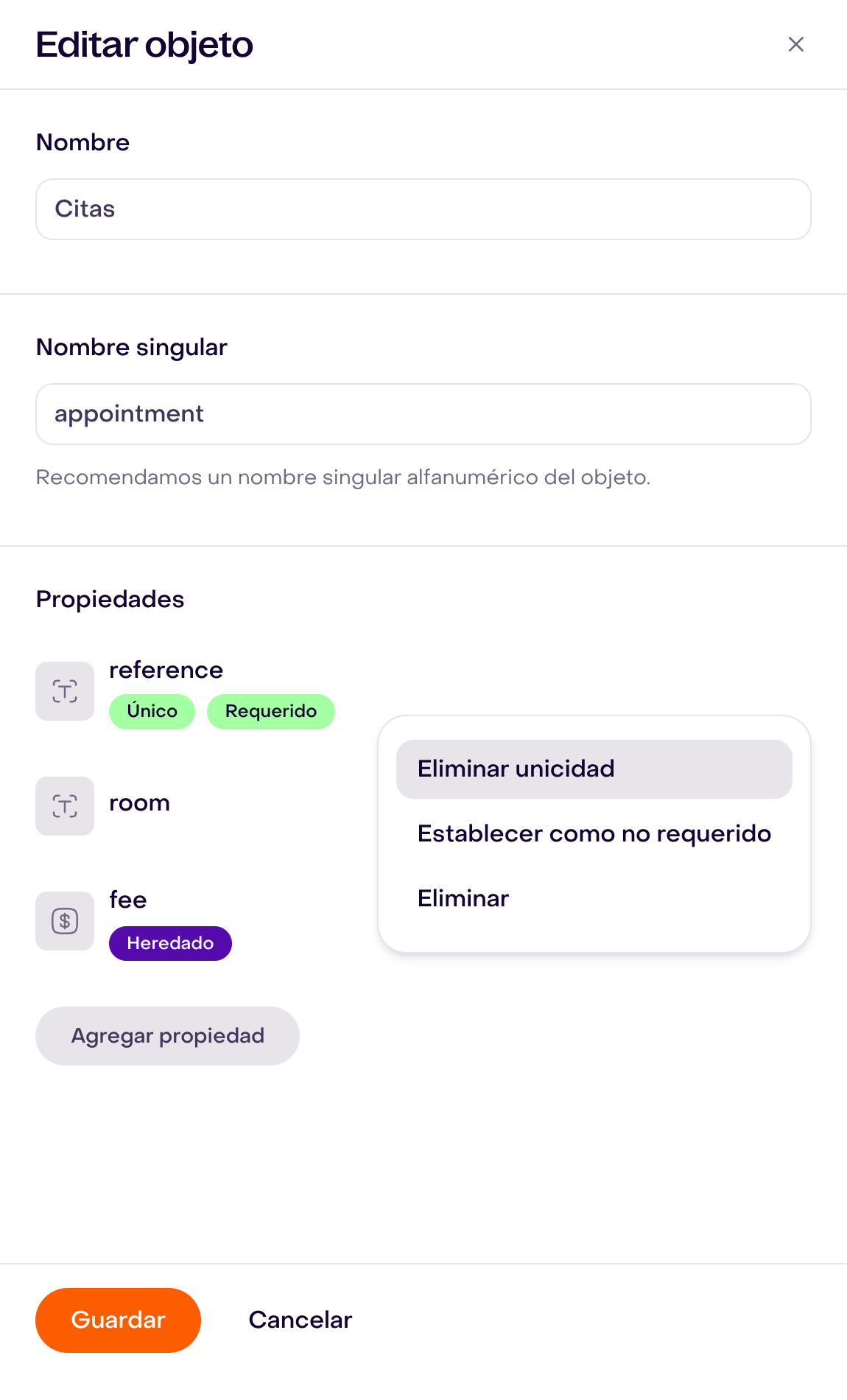 Editar objeto Citas: reference tiene Único y Requerido; su menú permite quitar esas reglas.