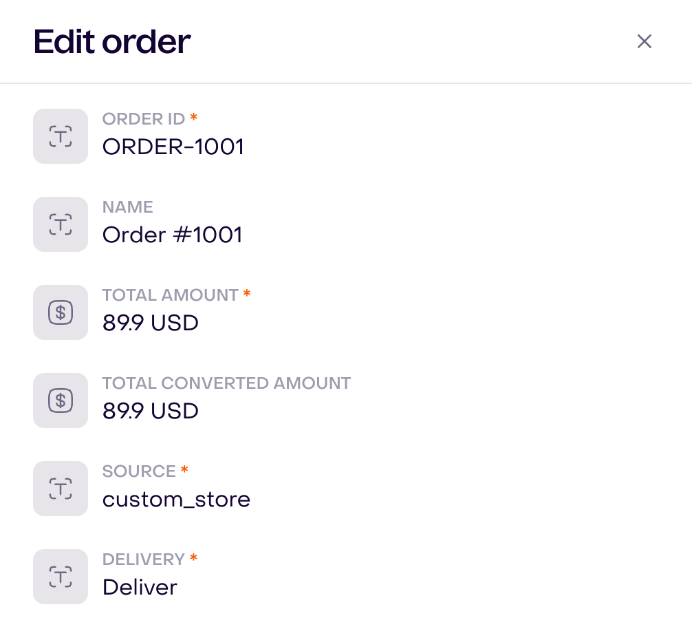 Actual fictional order editor with reference ORDER-1001, source custom_store, and amount USD 89.90.