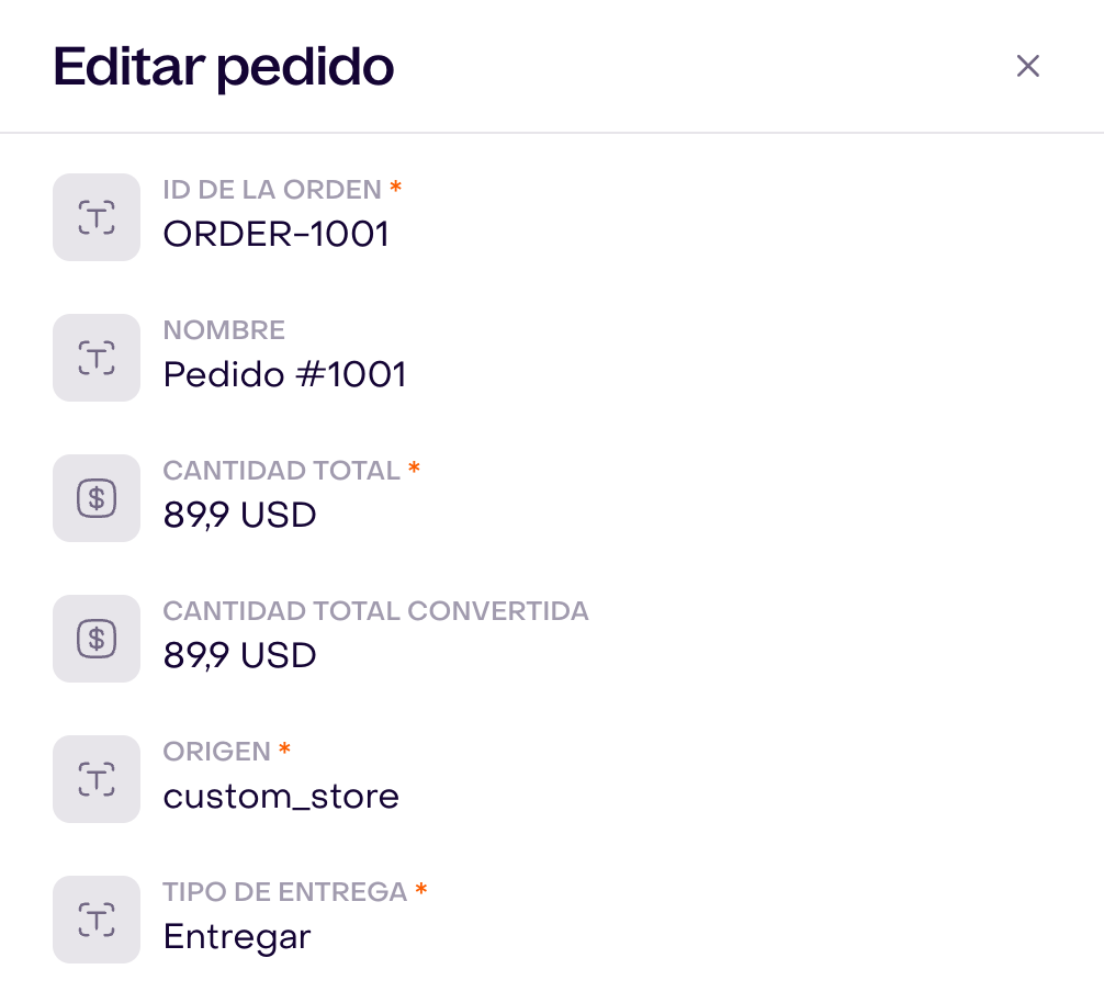 Editor real del pedido ficticio ORDER-1001, origen custom_store e importe USD 89.90.