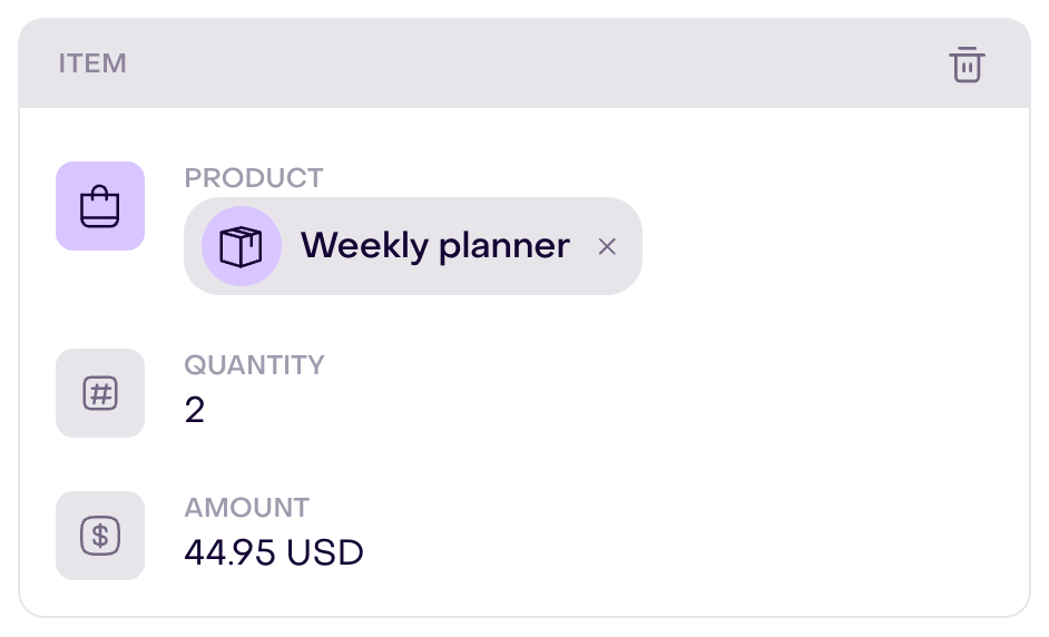Fictional order item: Weekly planner, quantity 2, and USD 44.95 unit price.