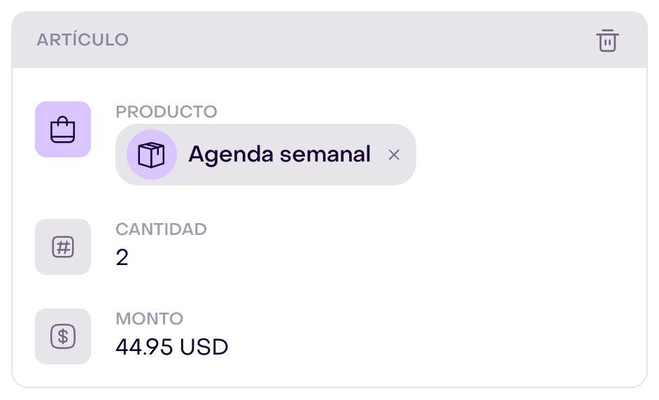 Artículo de un pedido ficticio: Agenda semanal, cantidad 2 y precio unitario USD 44.95.