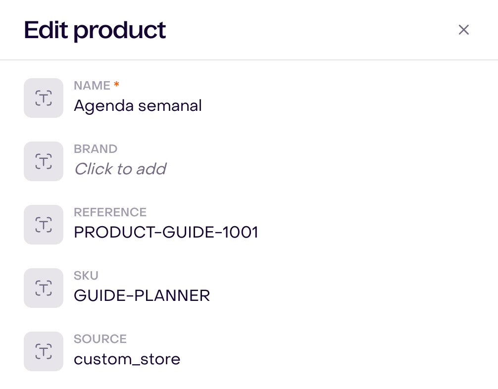 Edit fictional product Agenda semanal with reference, SKU, and custom_store source; no published catalog is shown.