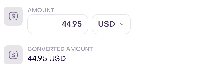 Real USD 44.95 amount control and USD 44.95 converted amount for a fictional product.