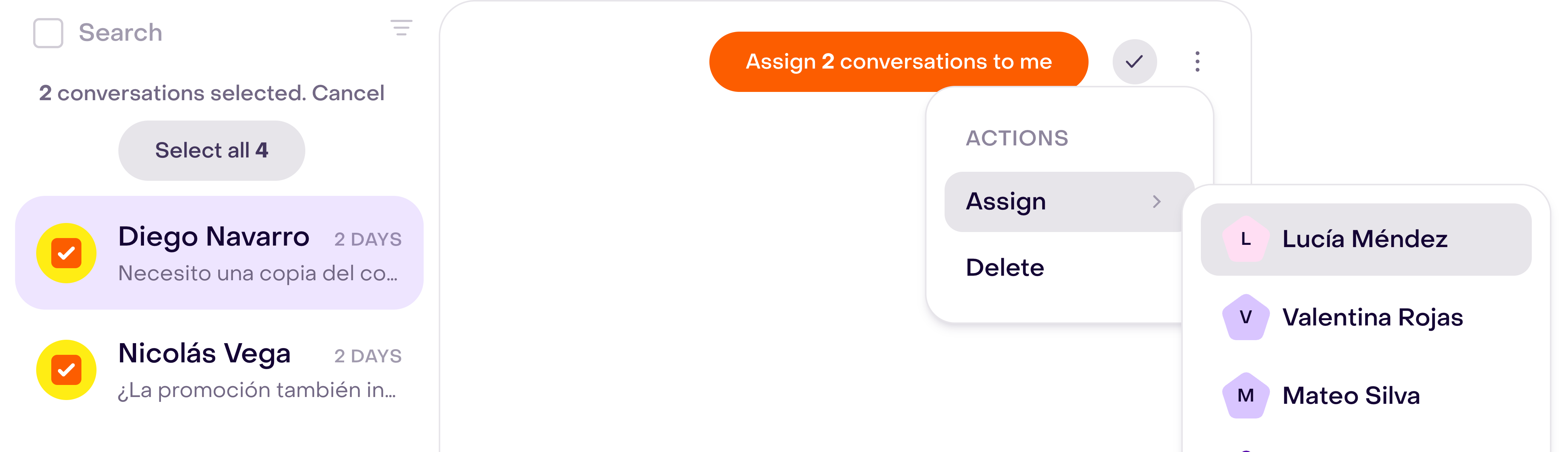 Controls for assigning two selected fictional conversations, with the Assign menu and a teammate visible.