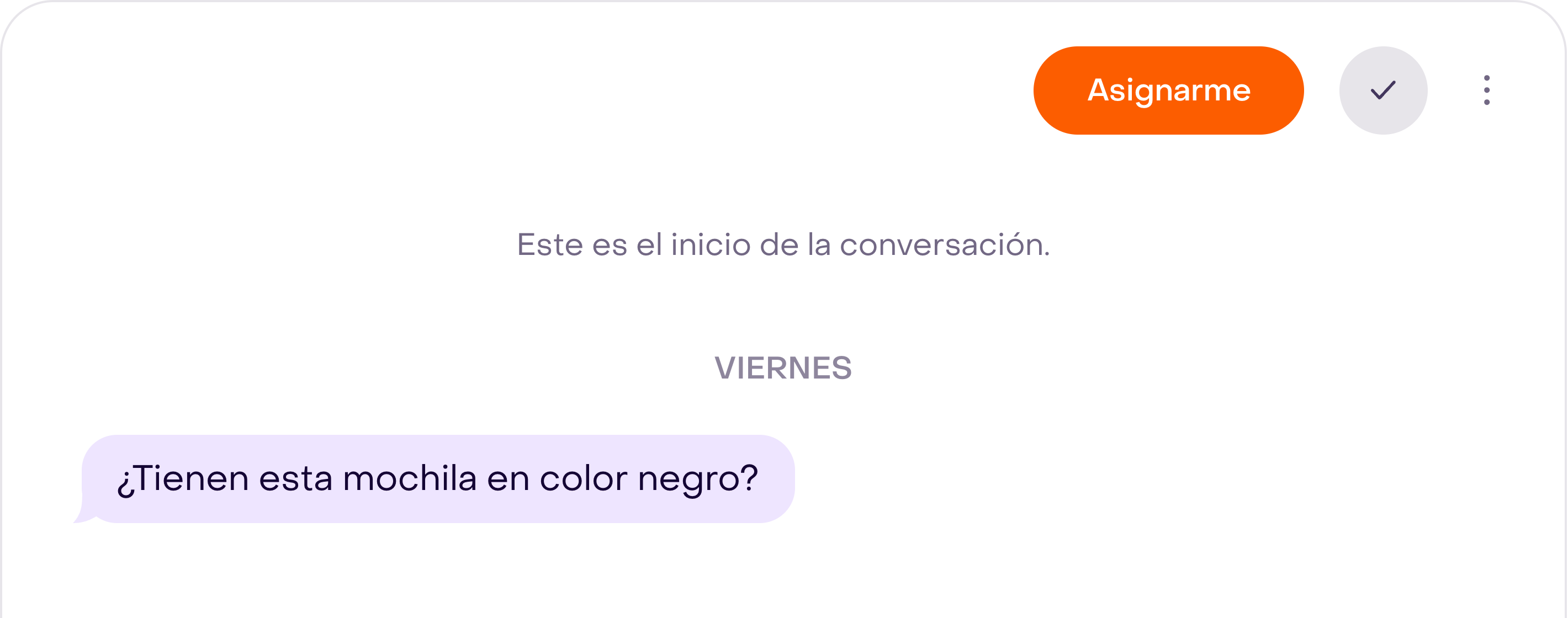 Encabezado de una conversación ficticia sin asignar con el botón Asignarme visible.