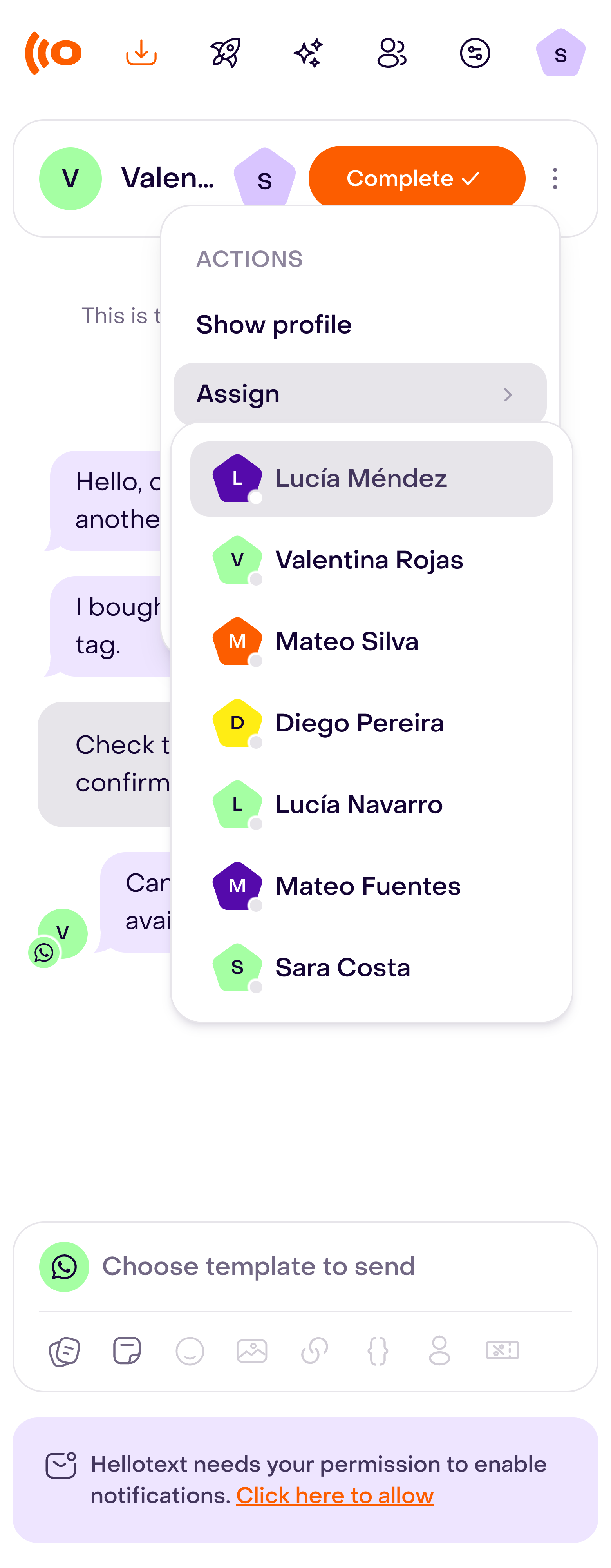 Inbox Actions menu with Assign open and teammate options to choose.