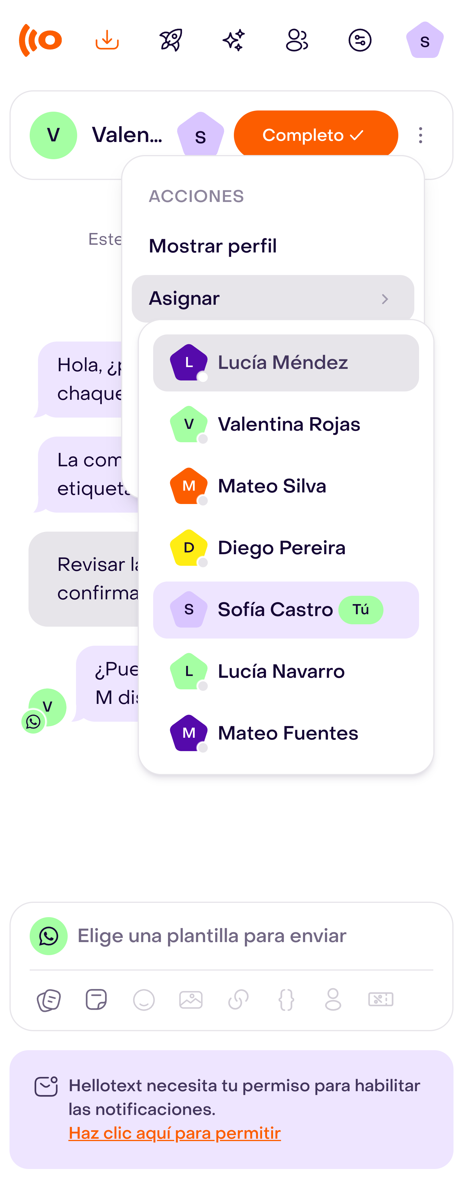 Menú Acciones del Inbox con Asignar abierto y opciones de integrantes para elegir.