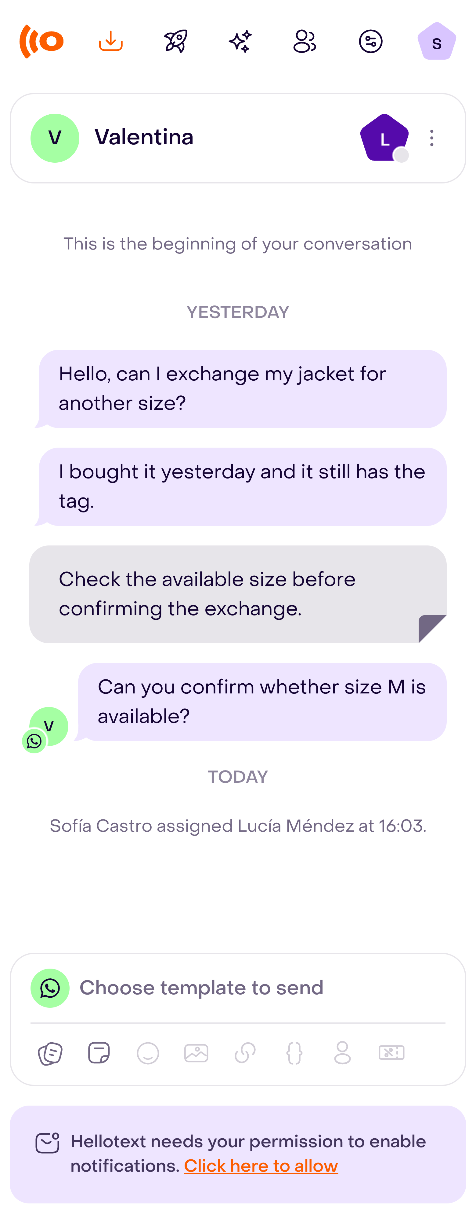 Inbox conversation after a manual assignment, showing the assignee and assignment record.