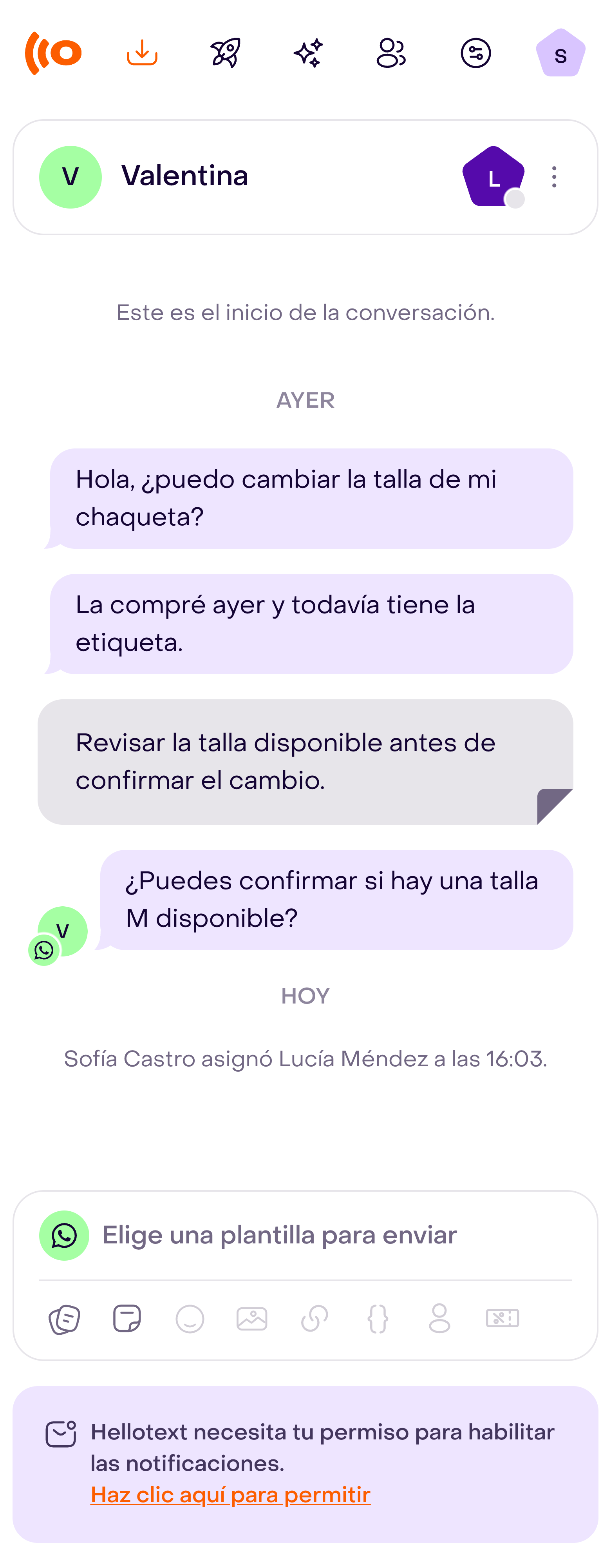 Conversación del Inbox después de una asignación manual, con el responsable y el registro de asignación visibles.