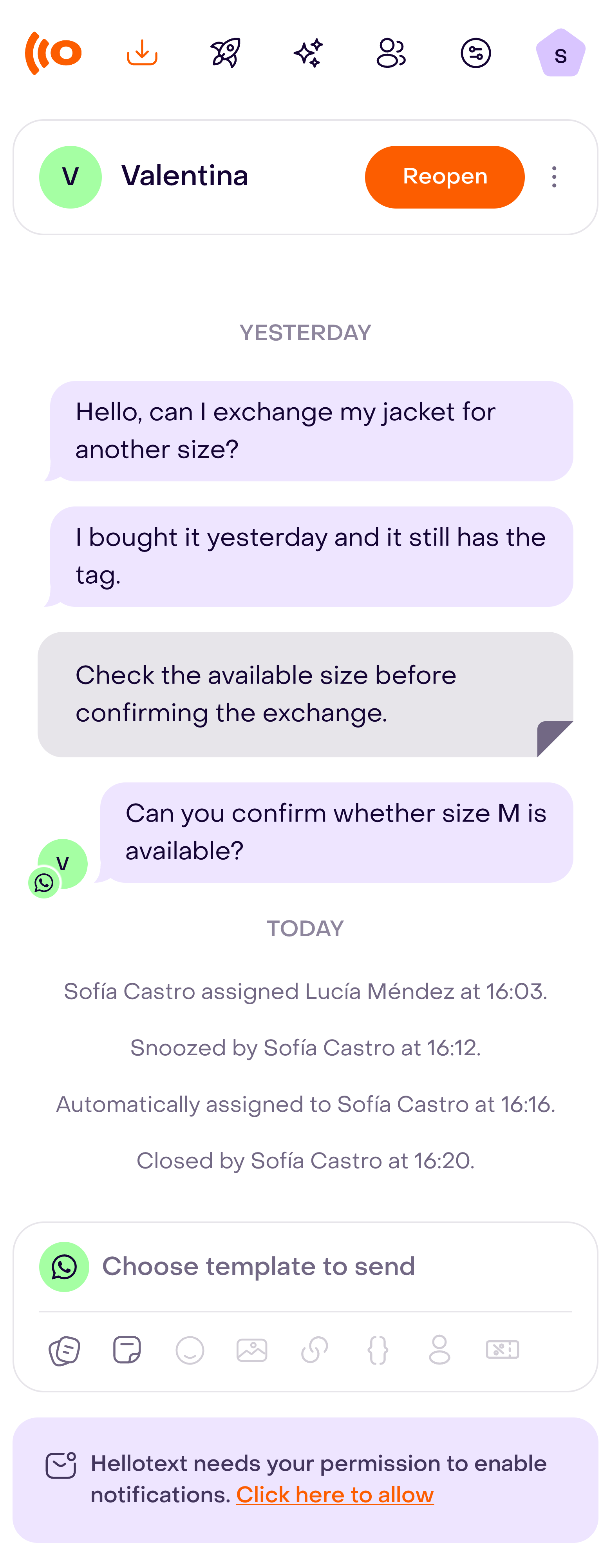 Closed Inbox conversation with Reopen and the closure record visible.