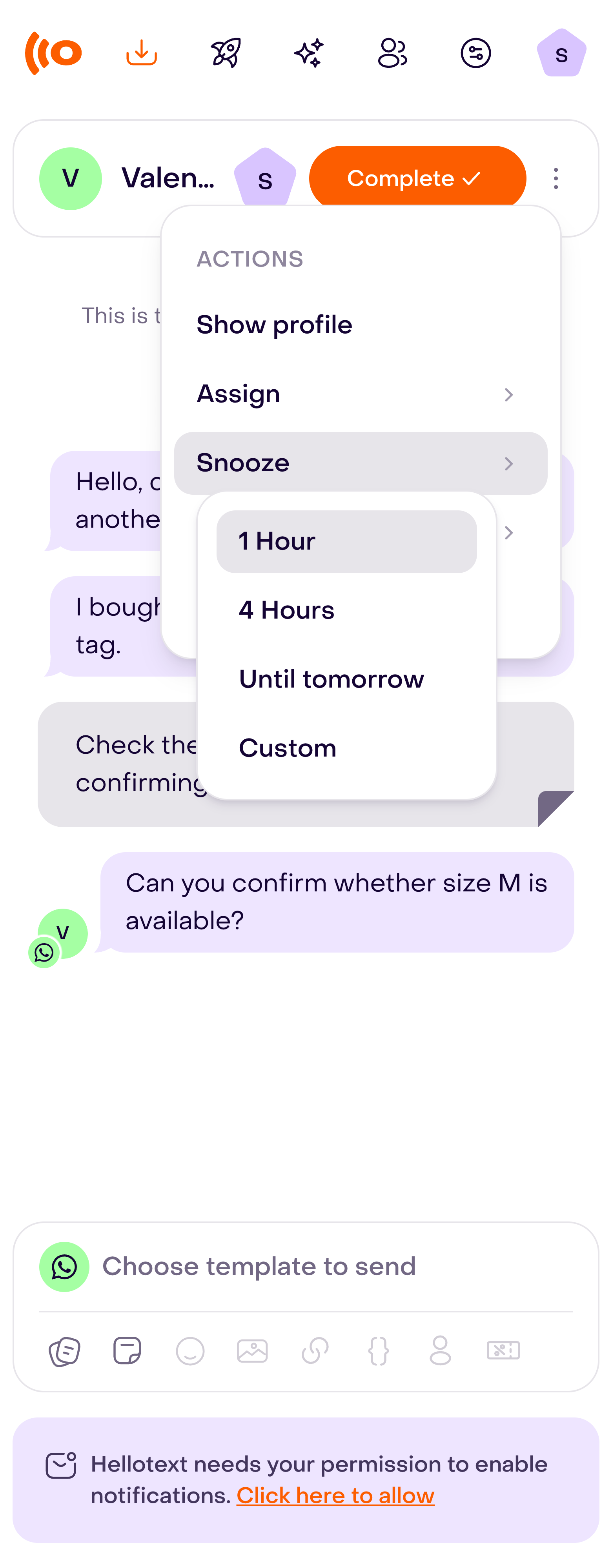 Open Snooze menu in an Inbox conversation, showing the available time options.