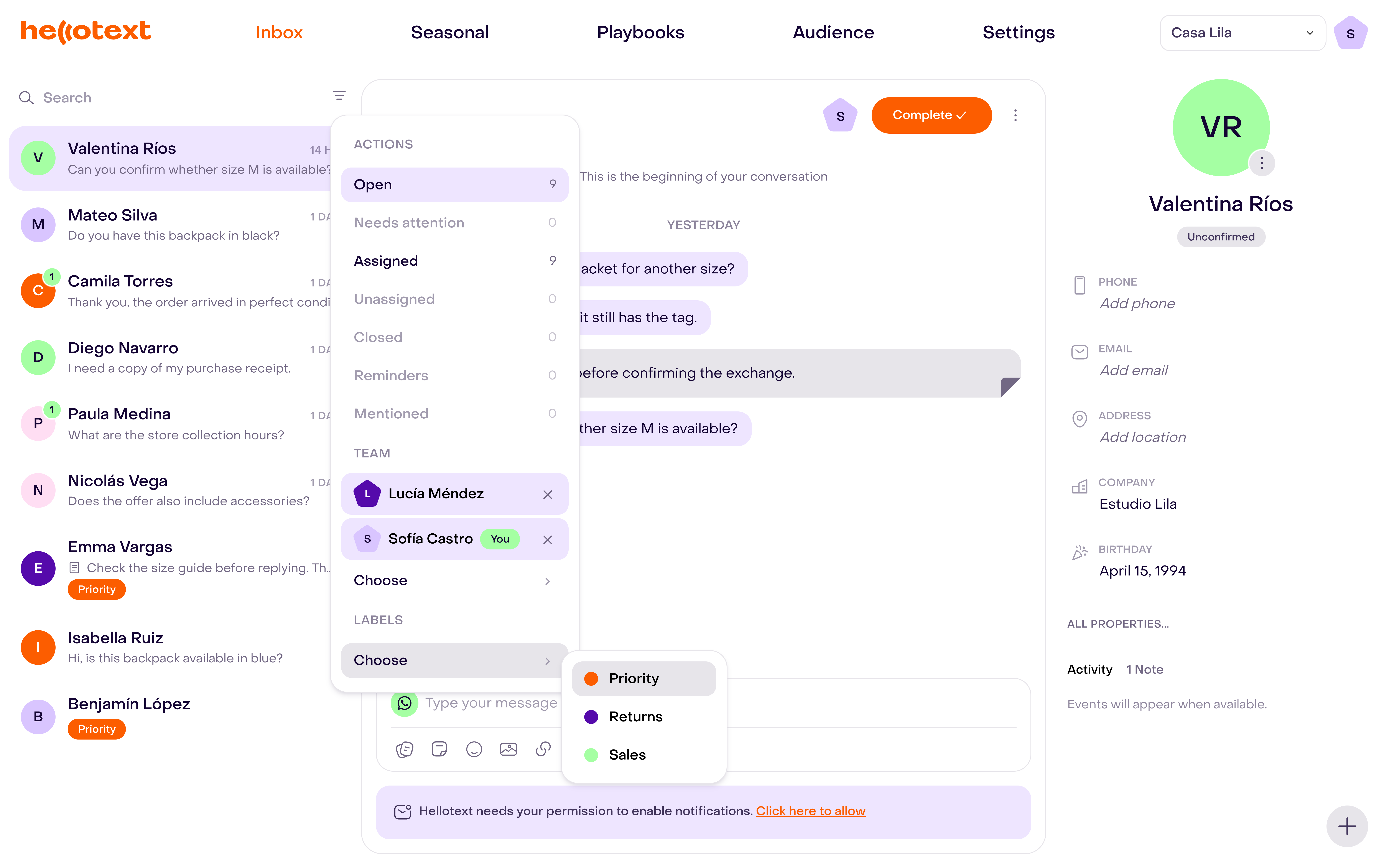 Inbox Show filters menu with Labels and the Choose selector open, available labels, and the conversation list behind it.