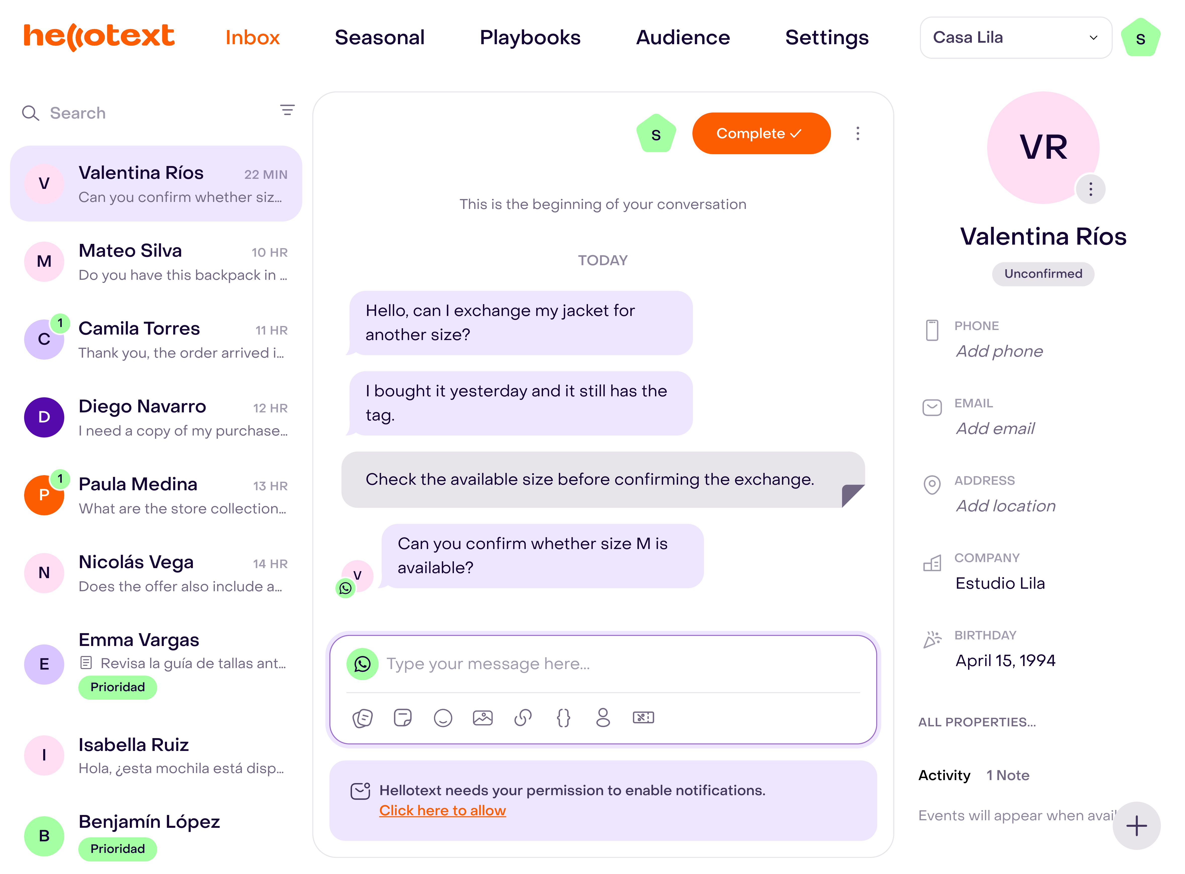 Inbox with fictional conversations. Desktop shows the list, selected conversation and open customer profile; mobile shows the list.