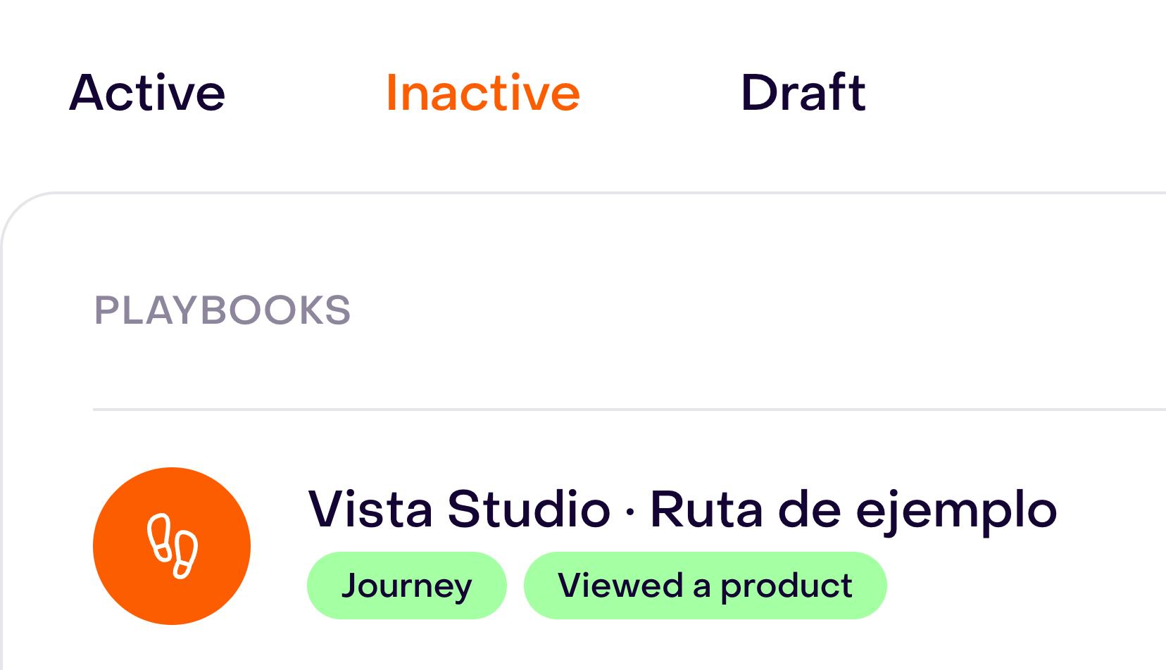 Journey list with Inactive selected and the fictional journey with its Viewed a product trigger.