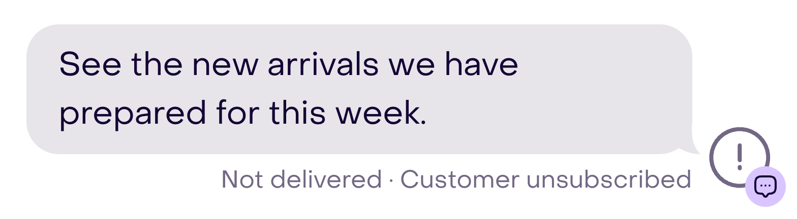 Fictional message showing Not delivered · Customer unsubscribed without a Try again action.