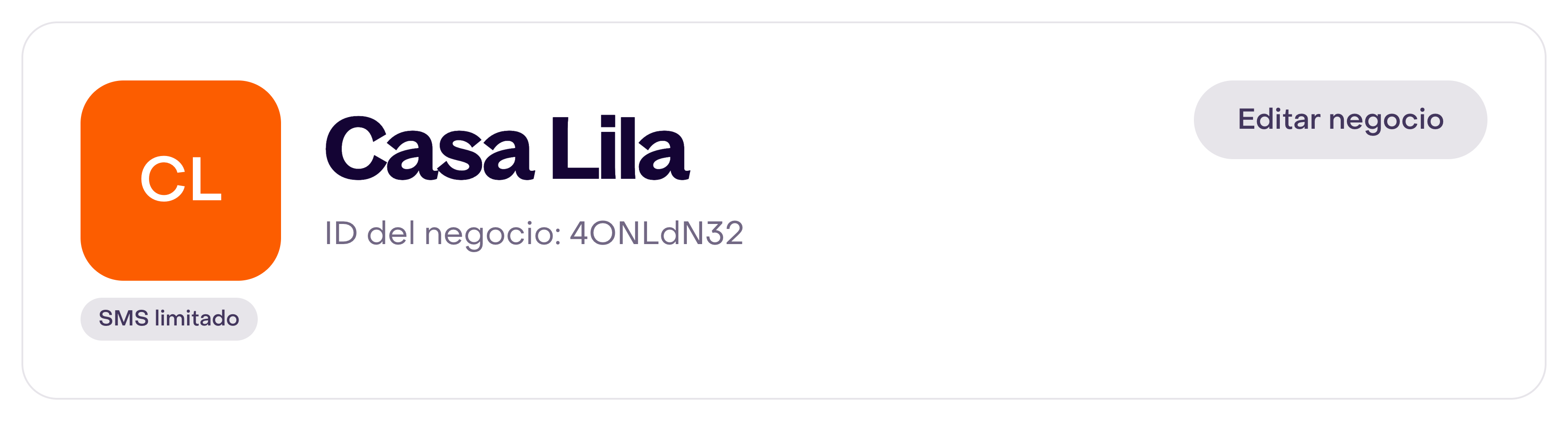 Panel real de Ajustes del negocio ficticio Casa Lila. El estado SMS limitado aparece bajo la identificación del negocio.