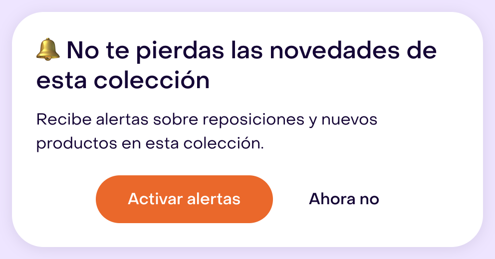 Vista previa real de Smart Alert para colección con Activar alertas y Ahora no completos.
