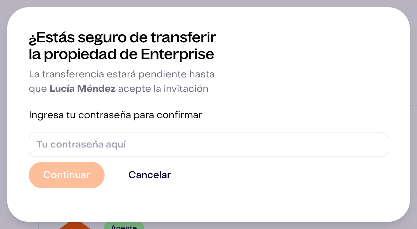 Confirmación real de Enterprise y Lucía Méndez, contraseña vacía, Continuar deshabilitado y Cancelar.
