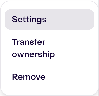 Fictional member menu with Settings, Transfer ownership, and Remove; no action performed.