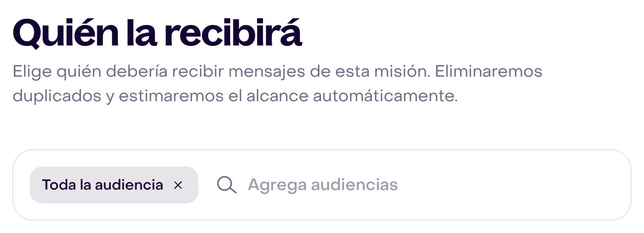 Selector de audiencia con Toda la audiencia y el campo Agrega audiencias en una cuenta ficticia.