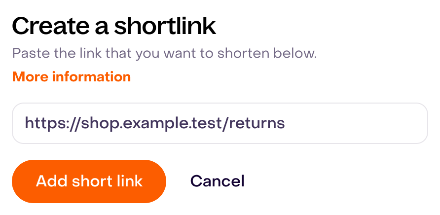 Create a shortlink form with a fictional URL not added and complete buttons.