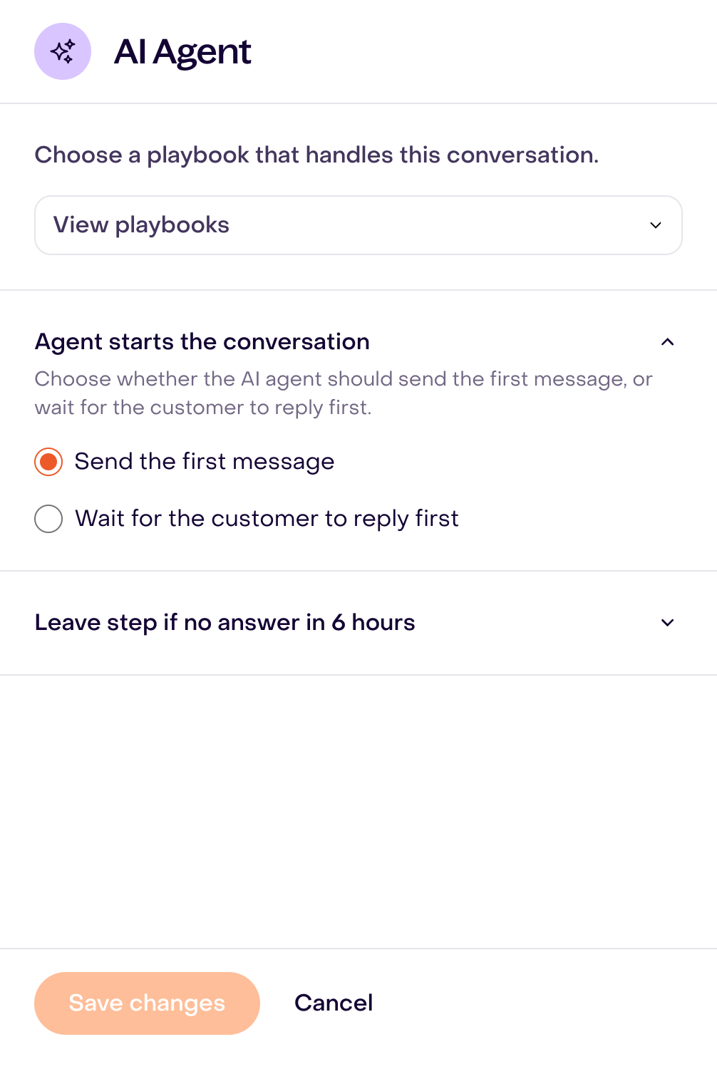AI agent with no playbook selected, starting options and six-hour wait; unsaved draft.