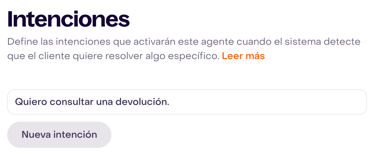 Campo Intenciones con la frase ficticia Quiero consultar una devolución, sin agregar ni guardar.